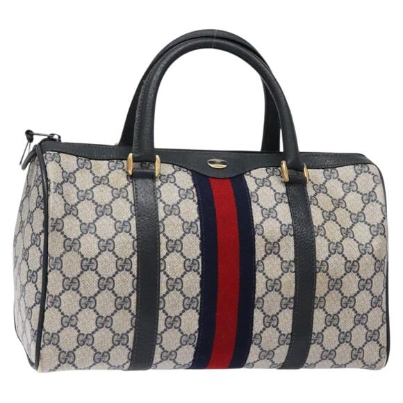 GUCCI GG Supreme Sherry Line Boston Bag Pvc Navy Red Gold - Picture 1 of 16